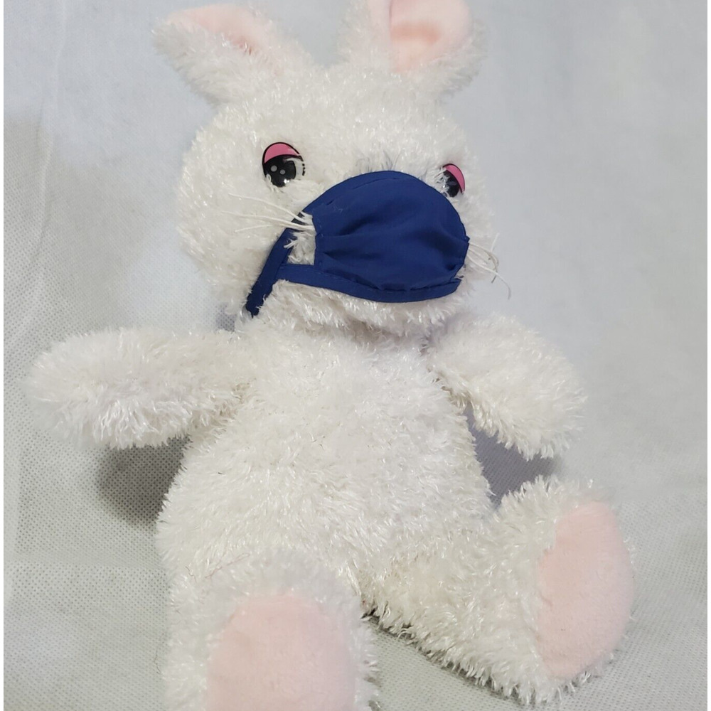 Bunny Rabbit Plush White Pink Ears Blue Mask Get Well Stuffed Animal 13 inches